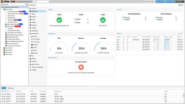 Capture d'écran de l'interface web de Proxmox Virtual Environment 8.0.0 montrant un résumé de datacenter avec l'état de santé et la liste des machines virtuelles.