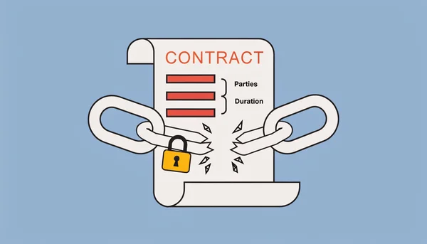 Un contrat avec une chaîne brisée symbolisant l'absence d'engagement, mais un cadenas sur un maillon, évoquant les pièges et frais cachés dans les offres de forfait mobile.