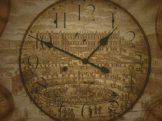 Image composite montrant un cadran d'horloge vintage superposé à une gravure ancienne du Palais de Versailles et de ses jardins, avec les aiguilles indiquant environ 10h10.