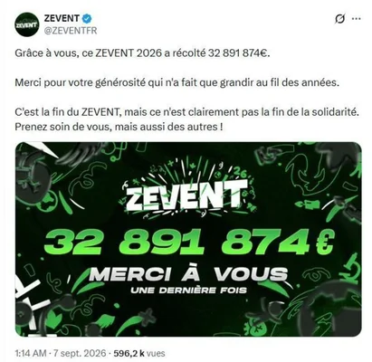 Les streamers du marathon caritatif ZEvent collectant près de 33 millions d'euros lors de leur ultime édition en 2026, un record pour l'événement