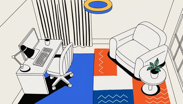 Vue plongeante d'un petit espace intérieur divisé en deux zones distinctes : à gauche, un bureau de travail compact sur un tapis bleu avec une lampe orientée, et à droite, un coin détente avec un fauteuil et une petite table basse sur un tapis à motifs, séparés visuellement.