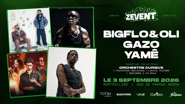 Affiche promotionnelle du concert caritatif ZEVENT 2026 présentant un collage des artistes Bigflo & Oli, Gazo et Yamê avec les détails de l'événement et les logos des sponsors