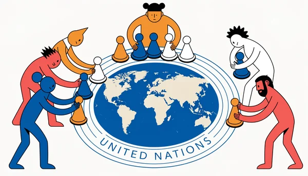Illustration en vue aérienne d'un plateau de jeu circulaire orné d'une carte du monde simplifiée, entouré de six figures stylisées de tailles et couleurs différentes représentant des nations. Certaines poussent leurs pions vers le centre en coopérant, tandis que d'autres retirent leurs pions ou en accumulent plusieurs près d'elles.