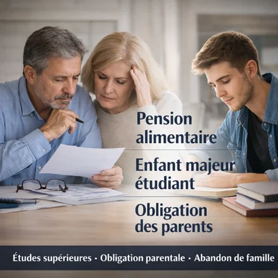 Un couple âgé et un jeune adulte examinant des documents avec un texte superposé sur l'obligation financière des parents pour les étudiants adultes.