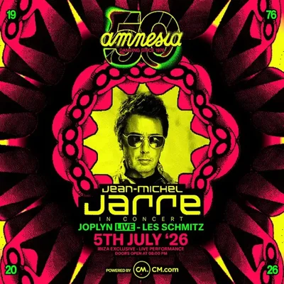 Affiche promotionnelle du concert de Jean-Michel Jarre à Amnesia Ibiza le 5 juillet 2026, avec son portrait central entouré de graphiques psychédéliques.