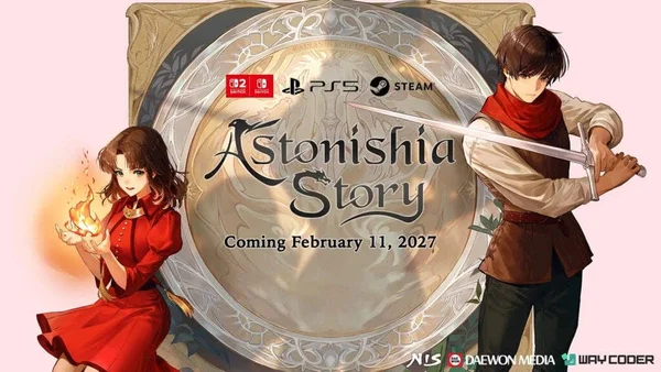 Image promotionnelle du remake d'Astonishia Story montrant une mage féminique et un guerrier flanquant le titre du jeu, avec la date de sortie du 11 février 2027 et les logos des plateformes.