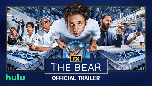 Affiche promotionnelle de la saison 4 de 'The Bear' avec Jeremy Allen White, Ayo Edebiri et Ebon Moss-Bachrach dans une cuisine, avec le titre et les logos de FX et Hulu.