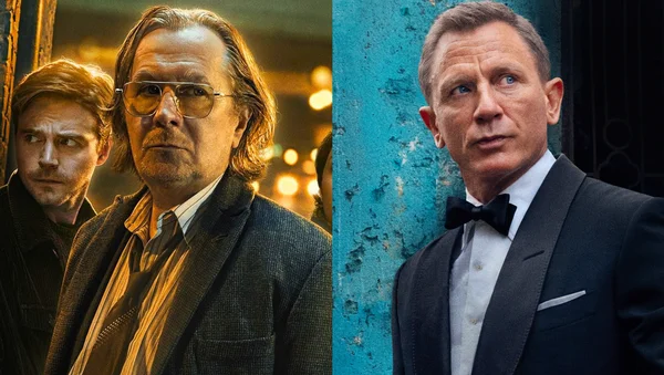 Composition photographique montrant l'acteur Gary Oldman dans un rôle à gauche et l'acteur Daniel Craig dans le rôle de James Bond à droite.