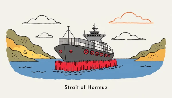 Illustration en style plat représentant le détroit d'Ormuz avec un cargo bloqué par une barrière symbolique, évoquant la fermeture maritime qui perturbe le fret et impacte l'industrie du livre en France.