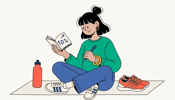 Jeune femme assise sur un tapis de yoga, contemplant un carnet avec une flèche et le chiffre 10 % pour symboliser une reprise progressive du sport.