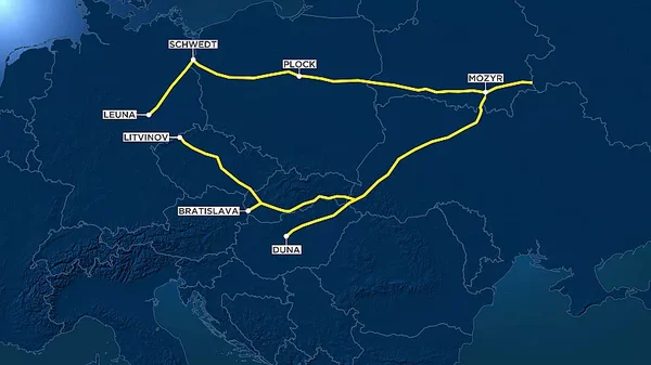 Carte numérique illustrant le réseau de pipelines en Europe centrale et orientale, avec des lignes jaunes reliant des villes comme Schwedt, Plock, Mozyr, Bratislava et Duna, en relation avec l'oléoduc Druzhba.