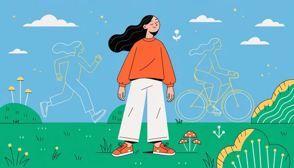 Jeune femme souriante dans une prairie, entourée d'images fantomatiques d'activités sportives passées qui symbolisent sa mémoire musculaire.