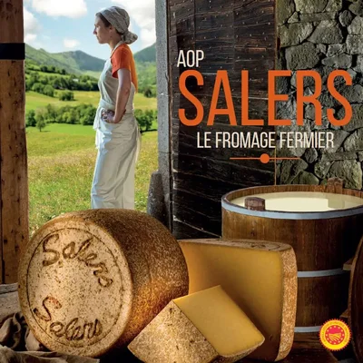 Image promotionnelle de l'AOP Salers montrant une femme en tablier regardant un paysage vert, avec des meules de fromage et une cuve de lait au premier plan, et le texte 'AOP SALERS LE FROMAGE FERMIER' superposé, représentant le fromage fermier Salers.