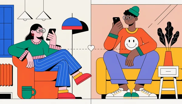 Illustration de deux amis dans des espaces domestiques distincts, reliés par une ligne pointillée entre leurs téléphones, représentant le maintien du lien amical à distance.