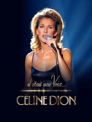 Affiche promotionnelle officielle du documentaire 'Il était une Voix... Céline Dion', montrant la chanteuse Céline Dion tenant un micro, avec le titre et son nom inscrits en lettres dorées.