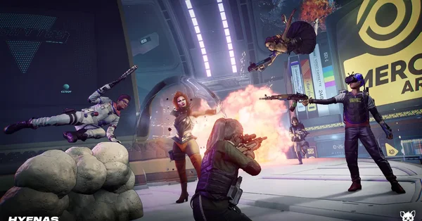 Illustration promotionnelle du jeu vidéo 'Hyenas', montrant plusieurs personnages stylisés en plein combat dans un environnement futuriste éclairé au néon.