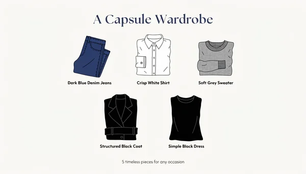 Illustration en vue plongeante d'une garde-robe capsule éthique composée de cinq pièces intemporelles soigneusement pliées sur un fond neutre : un jean, une chemise blanche, un pull, un manteau et une robe.
