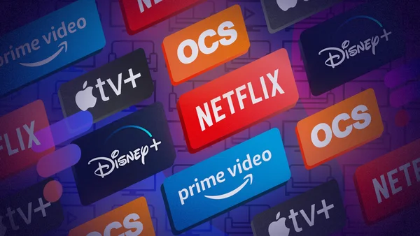 Composition graphique des logos de Netflix, Prime Video, Disney+, Apple TV+ et OCS sur un fond stylisé en tuyaux violets.