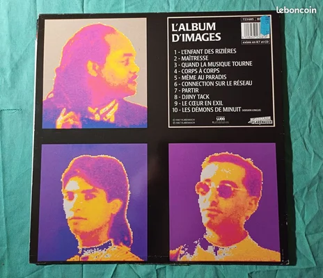 Dos de la pochette du vinyle 'L'Album d'Images' de 1987, présentant la tracklist et trois portraits stylisés de membres du groupe en tons violet et jaune.
