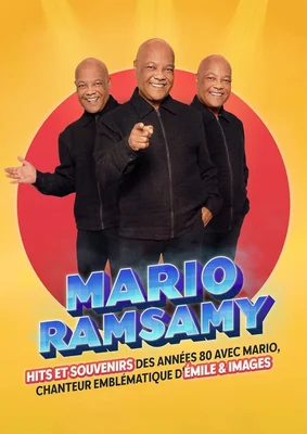 Affiche promotionnelle de l'artiste Mario Ramsamy, montrant trois portraits de lui en tenue sombre sur fond jaune et rouge avec son nom en grandes lettres.