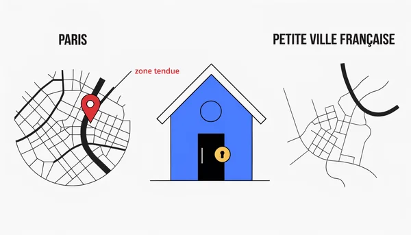 Illustration en dédoublement montrant à gauche une carte de Paris marquée "zone tendue" avec un point rouge et à droite une carte de petite ville sans marquage, avec une maison centrale et un cadenas pour symboliser la relocation.