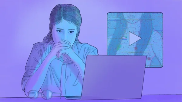 Illustration d'un écran d'ordinateur montrant un deepfake, symbolisant l'utilisation de l'IA pour créer des contenus nudes non consentis dans un contexte scolaire, en Corée du Sud.