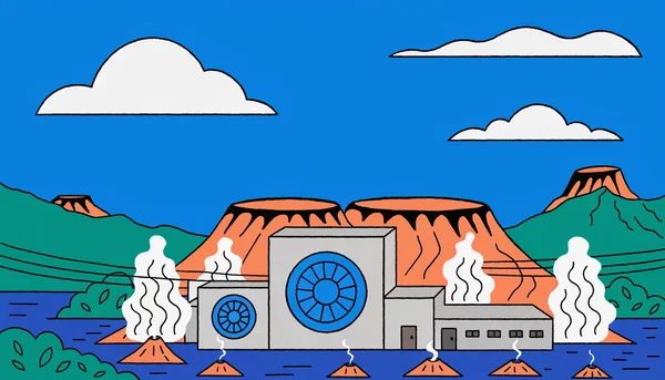 Illustration en aplats colorés d'une centrale géothermique dans le Rift Valley au Kenya, avec des bâtiments géométriques, des panaches de vapeur stylisés et des lignes haute tension traversant un paysage de collines vertes.