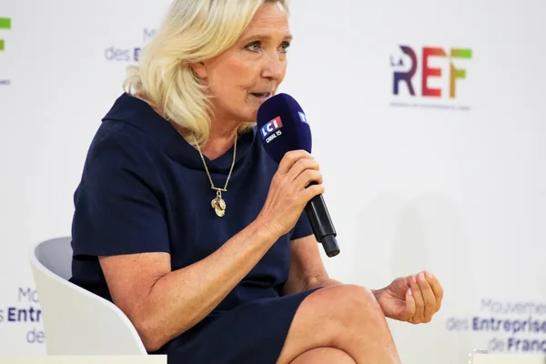 Illustration de Marine Le Pen en train de gérer son programme économique pour la présidentielle 2027
