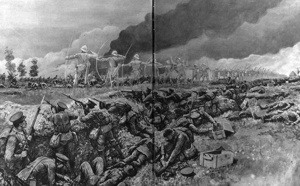 Illustration en noir et blanc des Anges de Mons, dépeignant une scène de bataille historique avec des soldats dans des tranchées et des guerriers armés de lances sous un ciel enfumé.