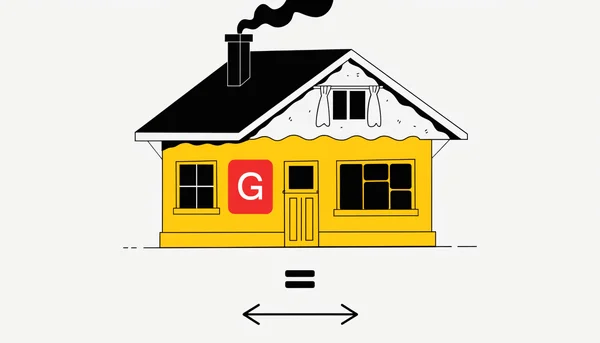 Illustration stylisée d'une maison avec une étiquette énergie rouge de classe G et un symbole de gel des prix avec un signe égal et une flèche horizontale en dessous.