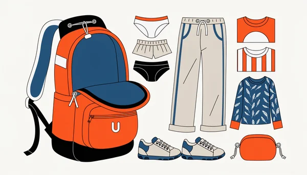 Vue de dessus illustrant un sac à dos de randonnée ouvert, avec les vêtements et la trousse de toilette essentiels pour un week-end, disposés méthodiquement selon la règle 3-2-1-1-1.