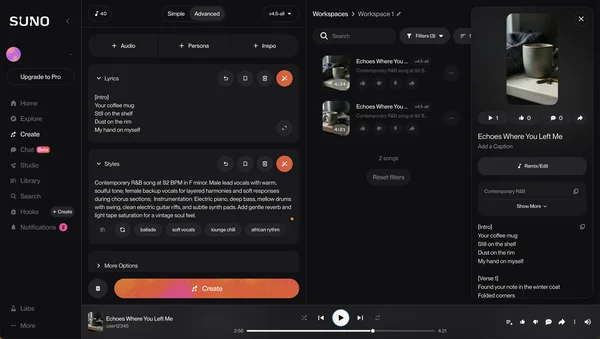 Interface de la plateforme Suno pour la création de chansons avec l'intelligence artificielle, montrant un processus simple en quelques clics
