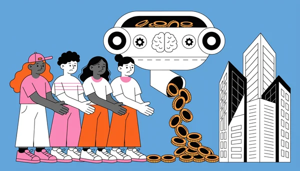 Illustration en flat design montrant une machine symbolisant l'IA qui concentre les pièces d'or vers un petit groupe de gratte-ciel, tandis qu'un groupe de jeunes adultes représentant la génération Z tend la main sans recevoir grand-chose, sur fond bleu clair.