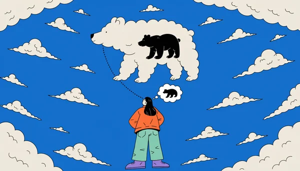 Illustration montrant une personne regardant le ciel. Elle perçoit dans un nuage la silhouette nette d'un ours, un lien pointillé reliant son regard à la forme, avec une bulle de pensée affichant l'ours mental qu'elle imagine.