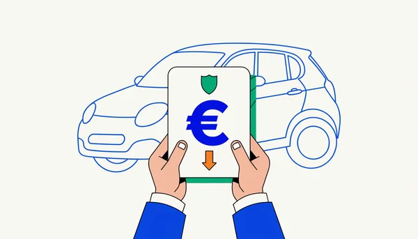 Illustration éditoriale montrant des mains tenant un document d'aide financière, symbolisé par un bouclier et une flèche de réduction de prix, en arrière-plan d'un véhicule.