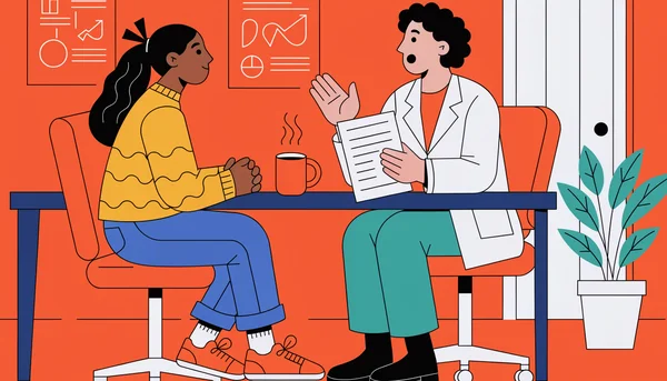 Dans un CeGIDD, un jeune adulte remplit un questionnaire d'auto-évaluation avec l'aide d'un professionnel de santé bienveillant, dans un cadre confidentiel et sans ordonnance.