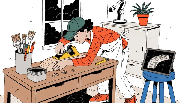 Une illustration en vue rapprochée montre un jeune apprenti menuisier concentré sur son travail dans un atelier. Il utilise un rabot à bois traditionnel sur un établi. En arrière-plan, un afficheur tablette montrant un dessin CAO et un petit bras robotique éteint rappellent que même les métiers manuels évoluent avec la technologie. La scène illustre la réalité concrète et les défis de la reconversion vers un métier artisanal.