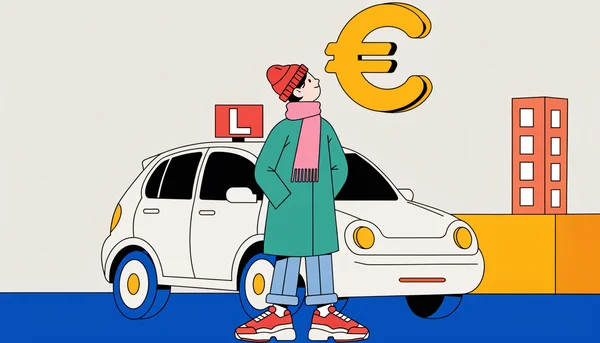 Illustration éditoriale représentant un futur conducteur et une voiture d'auto-école, avec un symbole monétaire évoquant le coût de la formation.