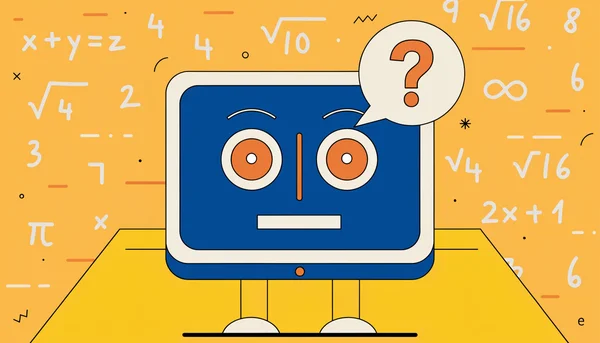 Un écran d'ordinateur affichant un visage robotique sans expression et une bulle de dialogue contenant un point d'interrogation, entouré de chiffres et d'équations flottants, illustrant la simulation statistique de la conscience par une IA.
