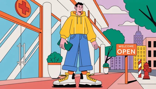 Un jeune adulte se tient devant l'entrée d'un centre de santé moderne et accueillant, tenant son smartphone, illustrant l'accessibilité du dépistage IST gratuit pour les moins de 26 ans.