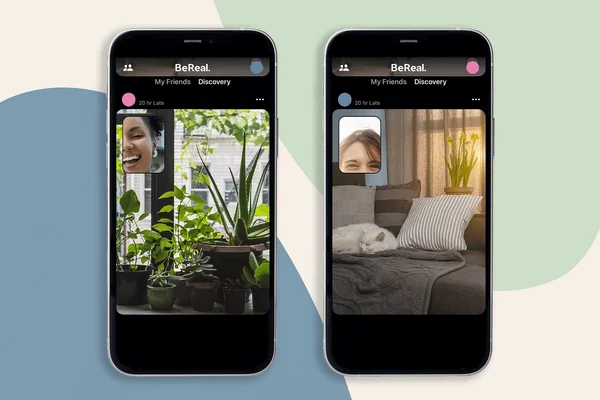 Illustration de l'application mobile BeReal, un réseau social français encourageant les posts authentiques et éphémères.