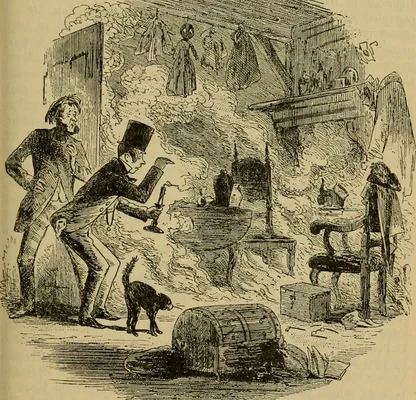 Illustration historique de l'Éditeur Hablot Knight Browne tirée du roman 'La Maison d'ombre' de Charles Dickens, montrant une représentation fictive de la combustion humaine spontanée.
