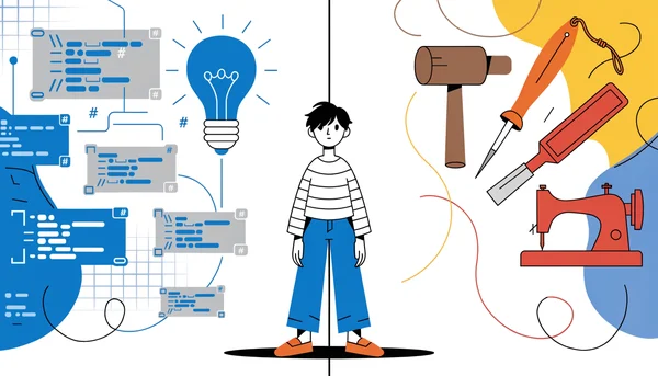 Une illustration conceptuelle en deux parties montre un jeune adulte au centre, face à un choix. À gauche, des formes abstraites bleues et grises représentent l'intelligence artificielle et l'automatisation. À droite, des outils artisanaux aux couleurs chaudes comme un marteau, un alène et une machine à coudre symbolisent les métiers manuels. La composition illustre la reconversion des jeunes actifs d'emplois de bureau vers des professions perçues comme résistantes à l'IA.