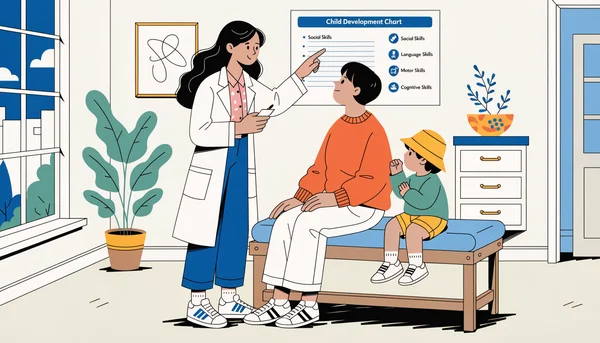 Une puéricultrice en consultation dans un service hospitalier pédiatrique, en discussion avec un parent.