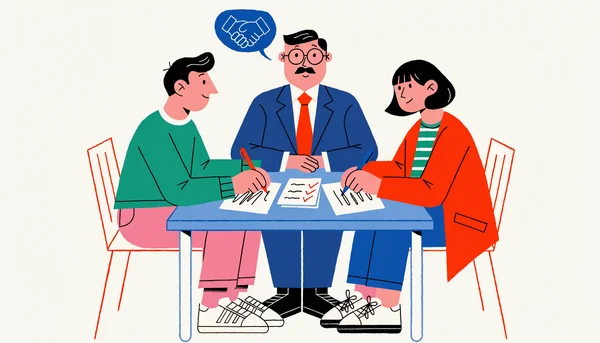 Illustration montrant un notaire au centre d'une table, encadré par deux indivisaires qui signent des documents. Une icône de poignée de main au-dessus symbolise l'accord trouvé lors du partage amiable, avec des délais de 3 à 6 mois et des frais maîtrisés.