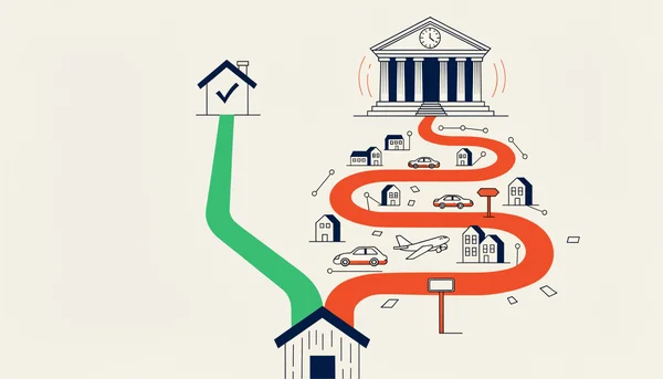 Illustration en vue aérienne montrant un carrefour avec deux chemins : à gauche, un chemin court et vert mène rapidement à une maison avec une coche (partage amiable, 3 à 6 mois) ; à droite, un chemin long et tortueux en orange s'égare jusqu'à un tribunal avec une horloge (partage judiciaire, 2 à 5 ans).