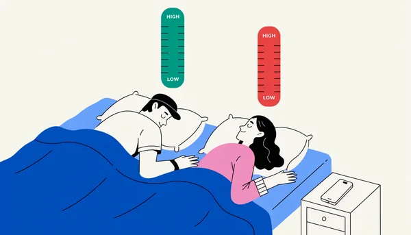 Illustration plate d'un couple allongé dans un lit la nuit, avec un écart visible entre eux. Au-dessus de chacun, un indicateur vertical : celui de l'homme est élevé en vert, celui de la femme est très bas en rouge, symbolisant l'inégalité de plaisir ressenti. Un smartphone est posé sur la table de chevet.