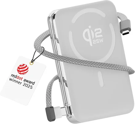 Batterie externe magnétique Qi2.2 25W certifiée de 10000 mAh avec charge sans fil et câble USB intégré.