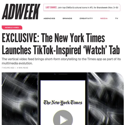 Capture d'écran de la publication LinkedIn annonçant que le New York Times ajoute un flux de vidéos verticales à son application, imitant le style de TikTok.