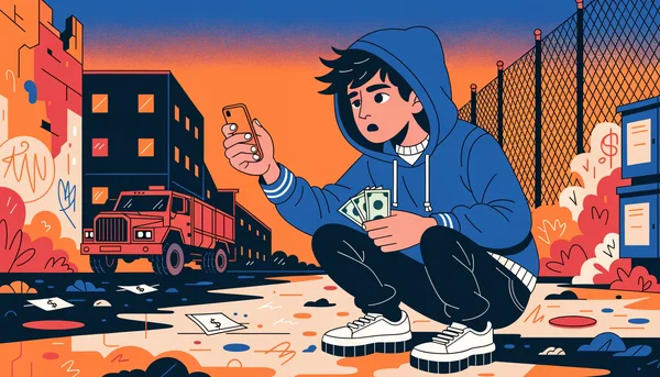 Un jeune adolescent maigre en sweat à capuche accroupi dans une ruelle urbaine sombre et délabrée. Il tient un smartphone d'une main, pointé vers un camion militaire garé près d'un bâtiment d'usine au loin. Dans l'autre main, il serre quelques billets de dollars. L'arrière-plan montre un mur en béton fissuré et une clôture en grillage sous un ciel crépusculaire en dégradé de violet et d'orange.